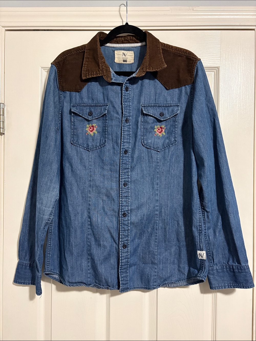 Nevada Denim Western Shirt with Brown Corduroy Yoke Cross Stitch Roses